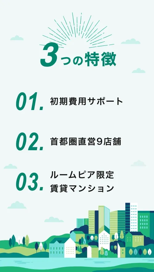 3つの特徴 01.初期費用サポート 02.首都圏直営9店舗 03.ルームピア限定賃貸マンション